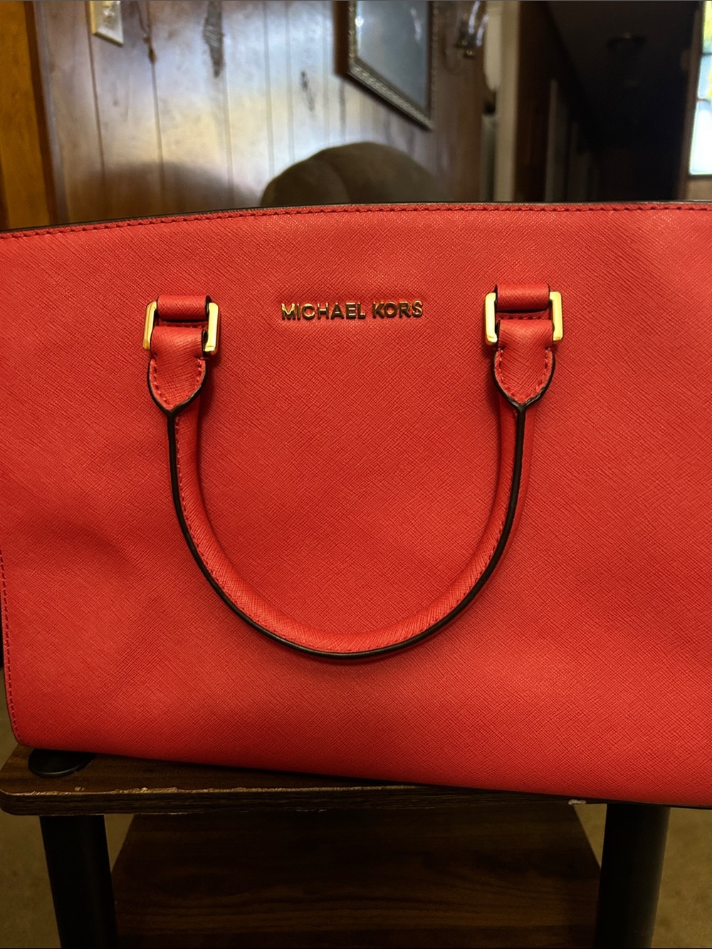 Michael Kors Coral Saffiano Dome Satchel with Gold Accents